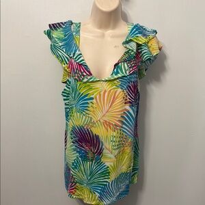 Hailey Lyn Fronds Cold ShoulderTropical Multicolor Ruffle Sleeve Top Size L